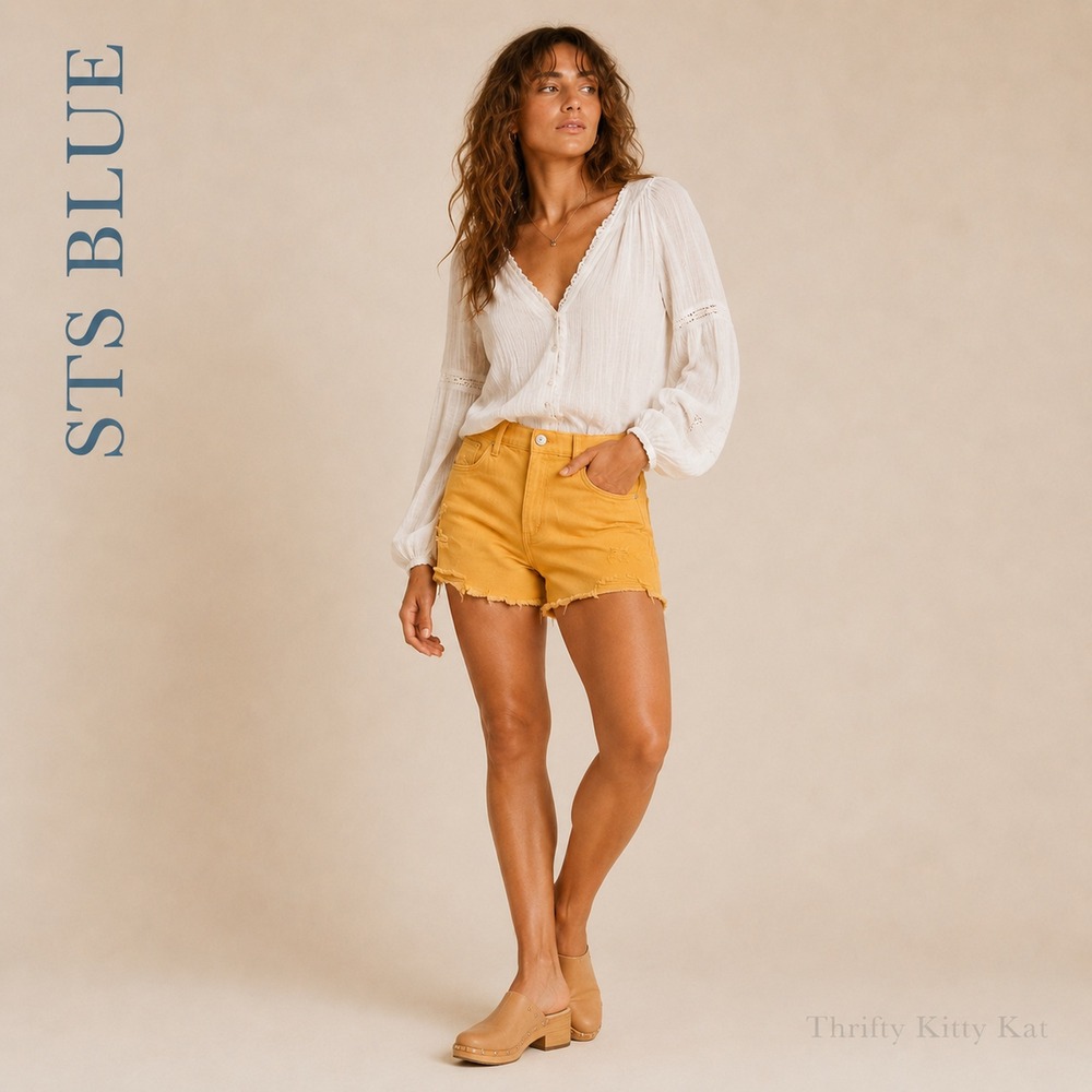 STS Blue Layne High Rise Denim Shorts Distressed Frayed Hem Marigold Yellow 29